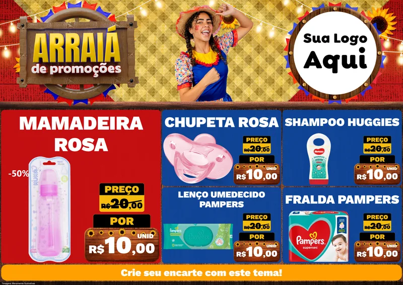 Modelo de Encarte para Encarte A4 Horizontal com o tema Arraiá de Promoções para Bebês
