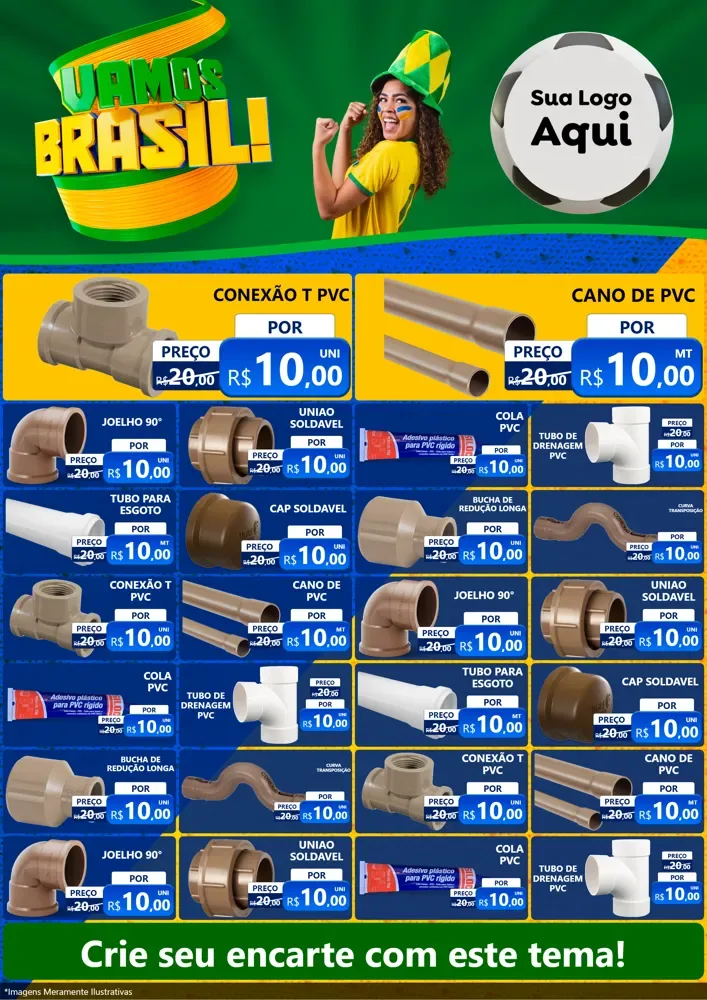 Modelo de Encarte para Encarte A4 Vertical com o tema Vamos Brasil - Copa para Tubos e conexões