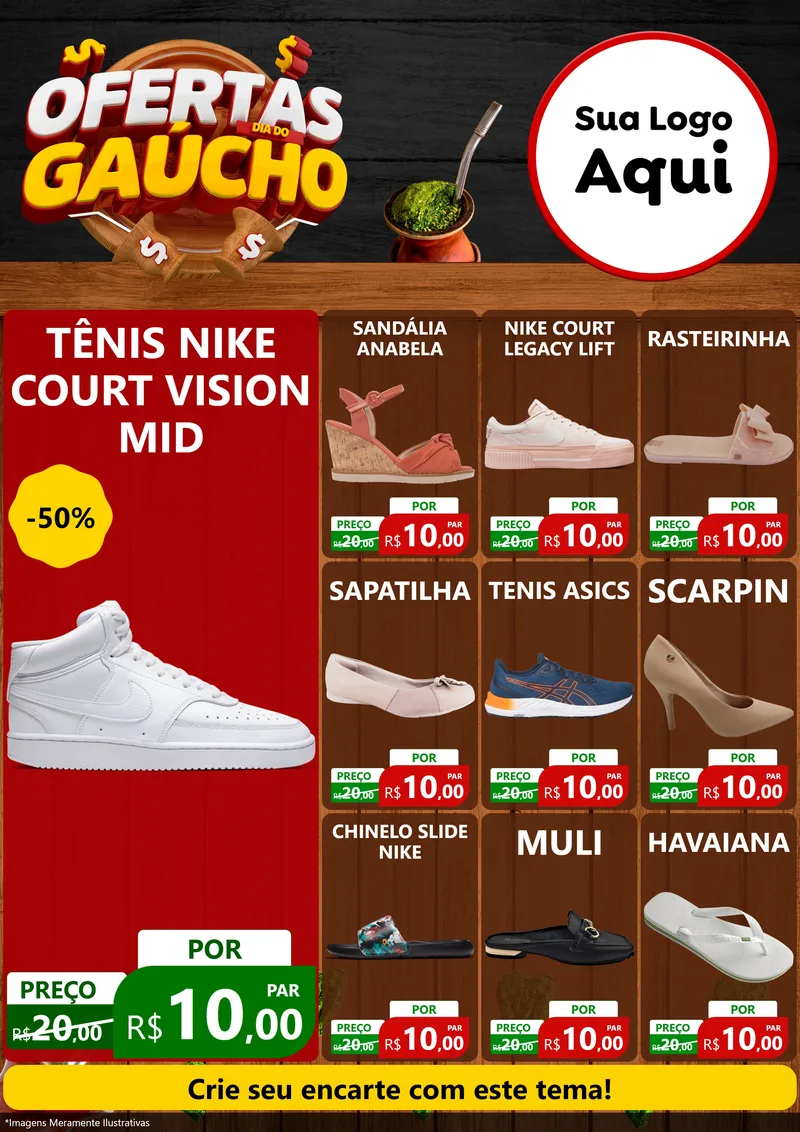 Modelo de Encarte para Encarte A4 Vertical com o tema Ofertas Dia do Gaúcho para Calçados