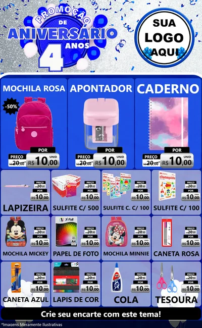 Modelo de Encarte para Encarte Grande com o tema Promoção de Aniversário - 4 Anos para Papelaria