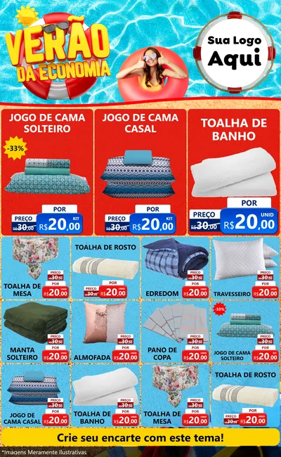 Modelo de Encarte para Encarte Grande com o tema Verão da Economia para Cama, Mesa e Banho