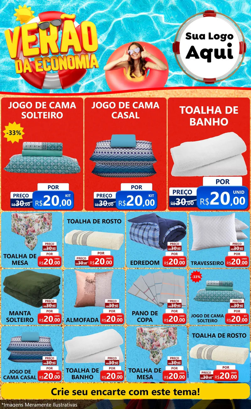Modelo de Encarte para Encarte Grande com o tema Verão da Economia para Cama, Mesa e Banho
