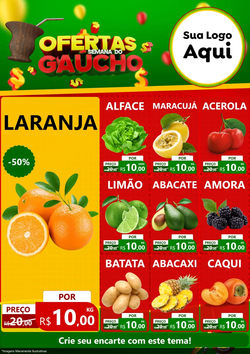 Modelo de Encarte para Encarte A4 Vertical com o tema Ofertas Semana Do Gaúcho para Hortifrúti