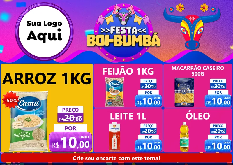 Modelo de Encarte para Encarte A4 Horizontal com o tema Festa Boi-Bumbá para Supermercado