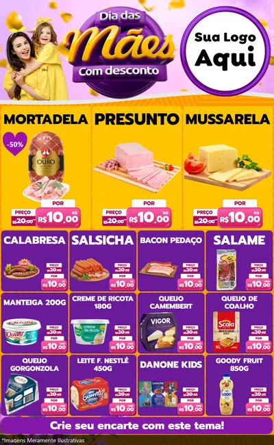 Modelo de Encarte para Encarte Grande com o tema Dia das Mães com Desconto para Frios e Laticínios