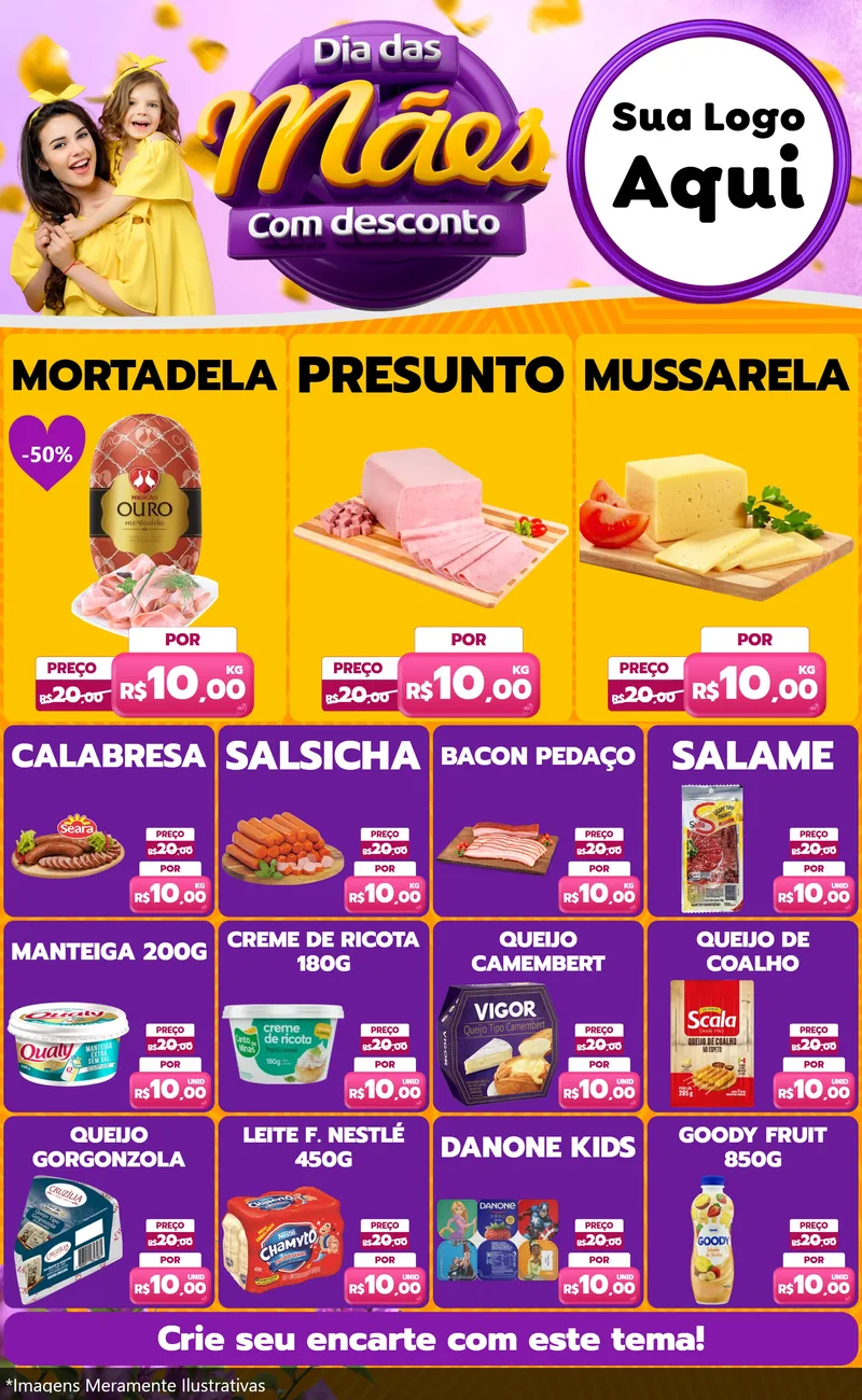 Modelo de Encarte para Encarte Grande com o tema Dia das Mães com Desconto para Frios e Laticínios