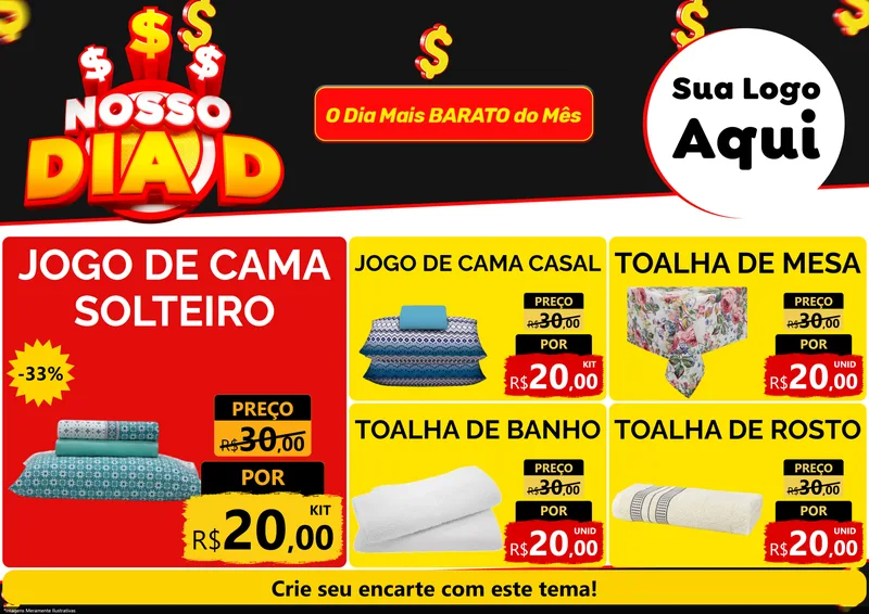 Modelo de Encarte para Encarte A4 Horizontal com o tema Nosso Dia D para Cama, Mesa e Banho