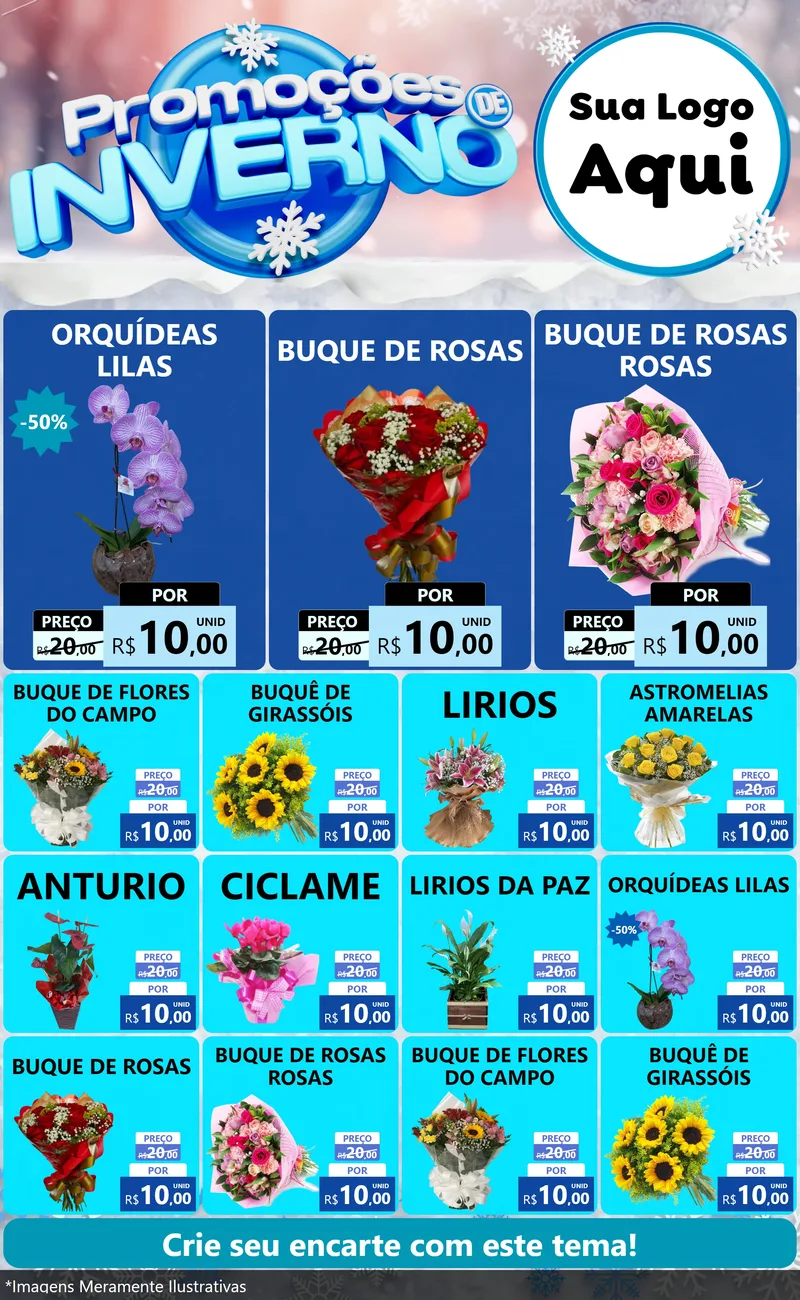 Modelo de Encarte para Encarte Grande com o tema Promoções de Inverno para Floricultura e jardim