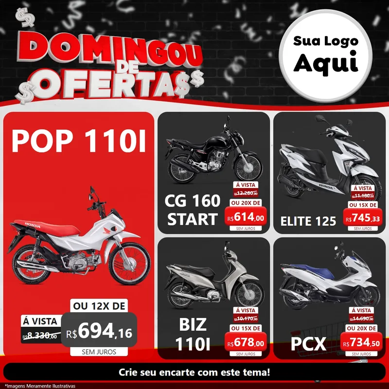 Modelo de Rede Social para Feed Facebook com o tema Domingou de Ofertas para Concessionaria de Motos