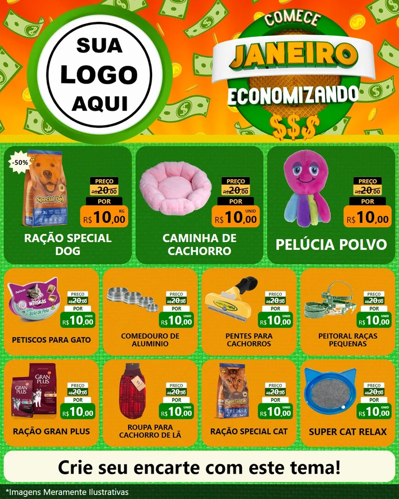 Modelo de Rede Social para Feed Instagram com o tema Comece Janeiro Economizando para Pet Shop