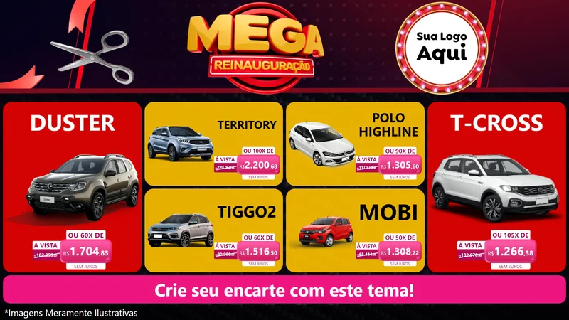 Modelo de TV para TV Horizontal com o tema Mega Reinauguração para Concessionaria de Carros