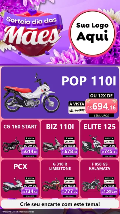 Modelo de Rede Social para Stories com o tema Sorteio Dia das Mães para Concessionaria de Motos