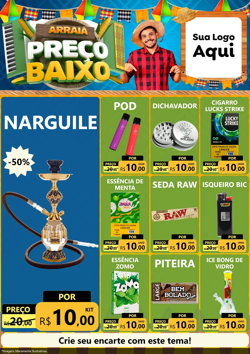 Modelo de Encarte para Encarte A4 Vertical com o tema Arraiá de Preço Baixo - Junina para Tabacaria