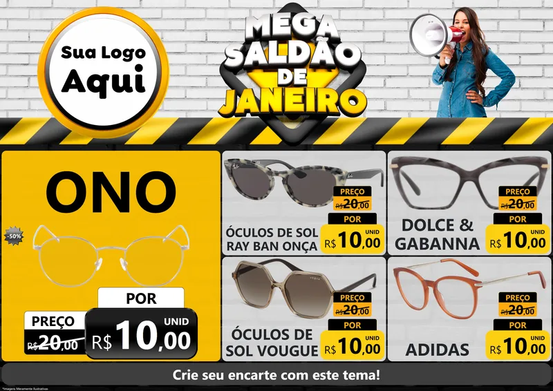 Modelo de Encarte para Encarte A4 Horizontal com o tema Mega Saldão de Janeiro para Óticas
