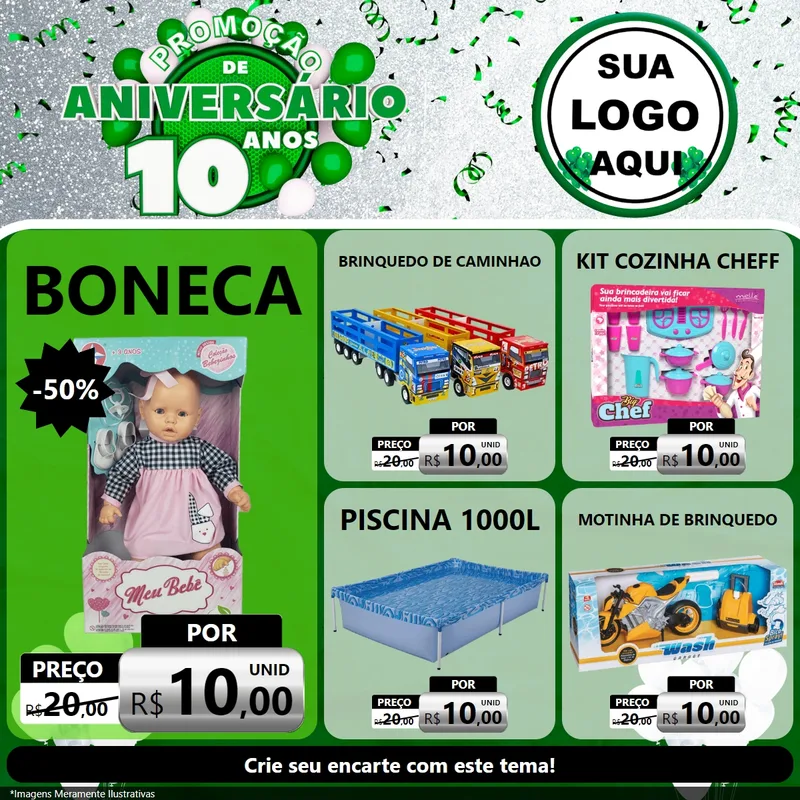 Modelo de Rede Social para Feed Facebook com o tema Promoção de Aniversário - 10 Anos para Brinquedos