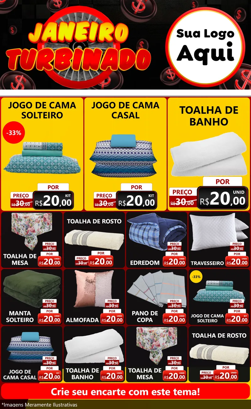 Modelo de Encarte para Encarte Grande com o tema Janeiro Turbinado para Cama, Mesa e Banho