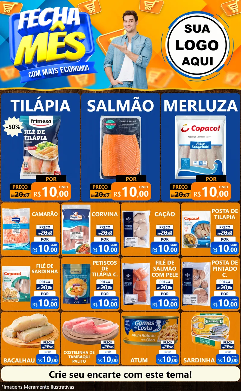 Modelo de Encarte para Encarte Grande com o tema Fecha Mês Com Mais Economia para Peixaria