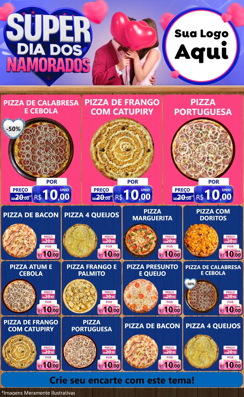 Modelo de Encarte para Encarte Grande com o tema Super Dia dos Namorados para Pizzaria