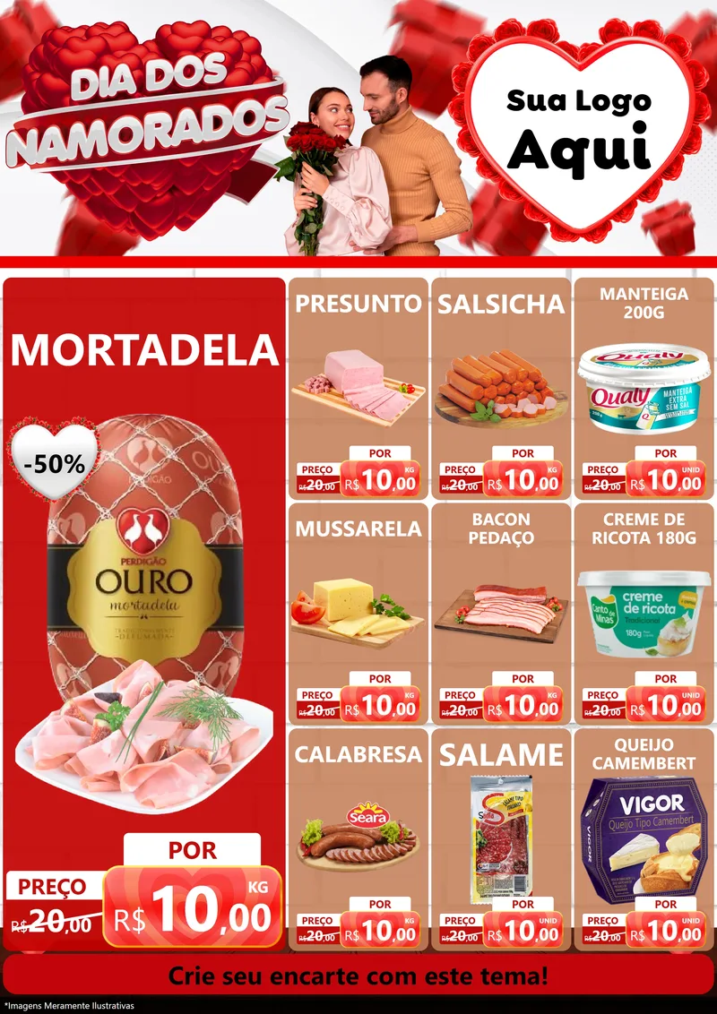 Modelo de Encarte para Encarte A4 Vertical com o tema Dia dos Namorados para Frios e Laticínios