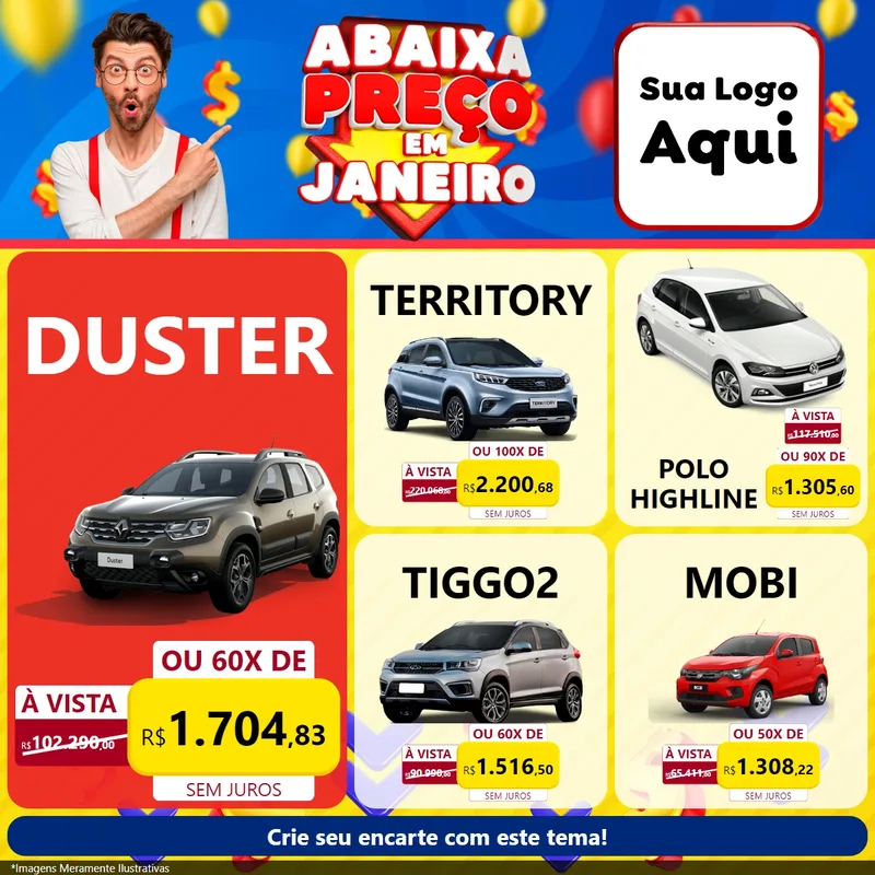 Modelo de Rede Social para Feed Facebook com o tema Abaixa Preço em Janeiro para Concessionaria de Carros