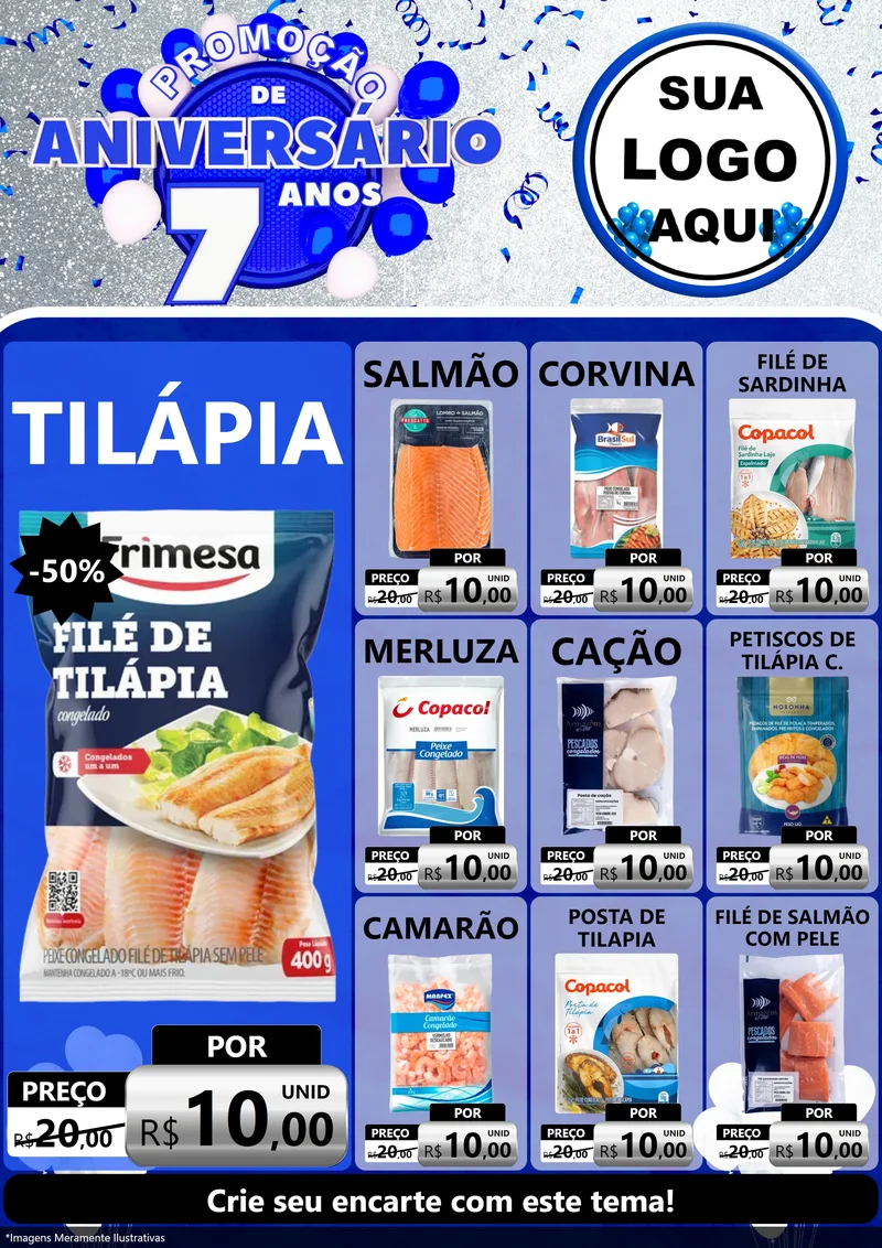 Modelo de Encarte para Encarte A4 Vertical com o tema Promoção de Aniversário - 7 Anos para Peixaria