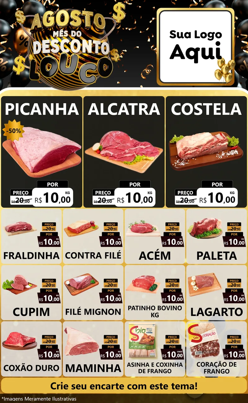 Modelo de Encarte para Encarte Grande com o tema Agosto Mês do Desconto Louco para Açougue