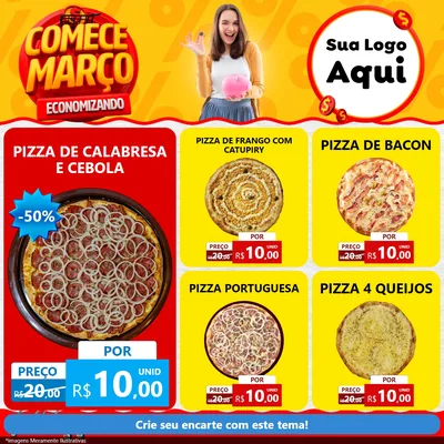 Modelo de Rede Social para Feed Facebook com o tema Comece Março Economizando para Pizzaria