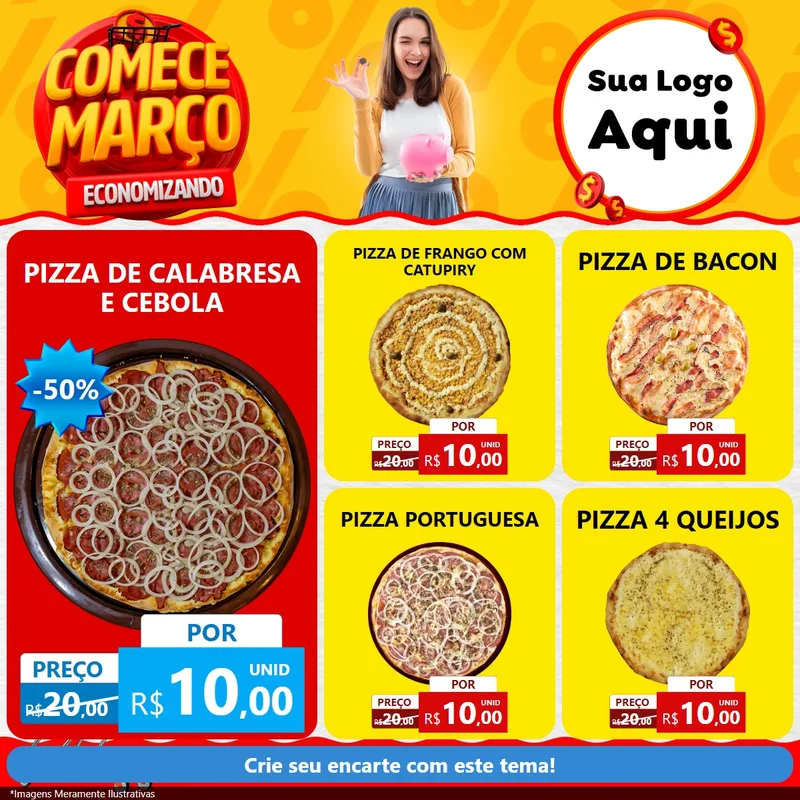 Modelo de Rede Social para Feed Facebook com o tema Comece Março Economizando para Pizzaria