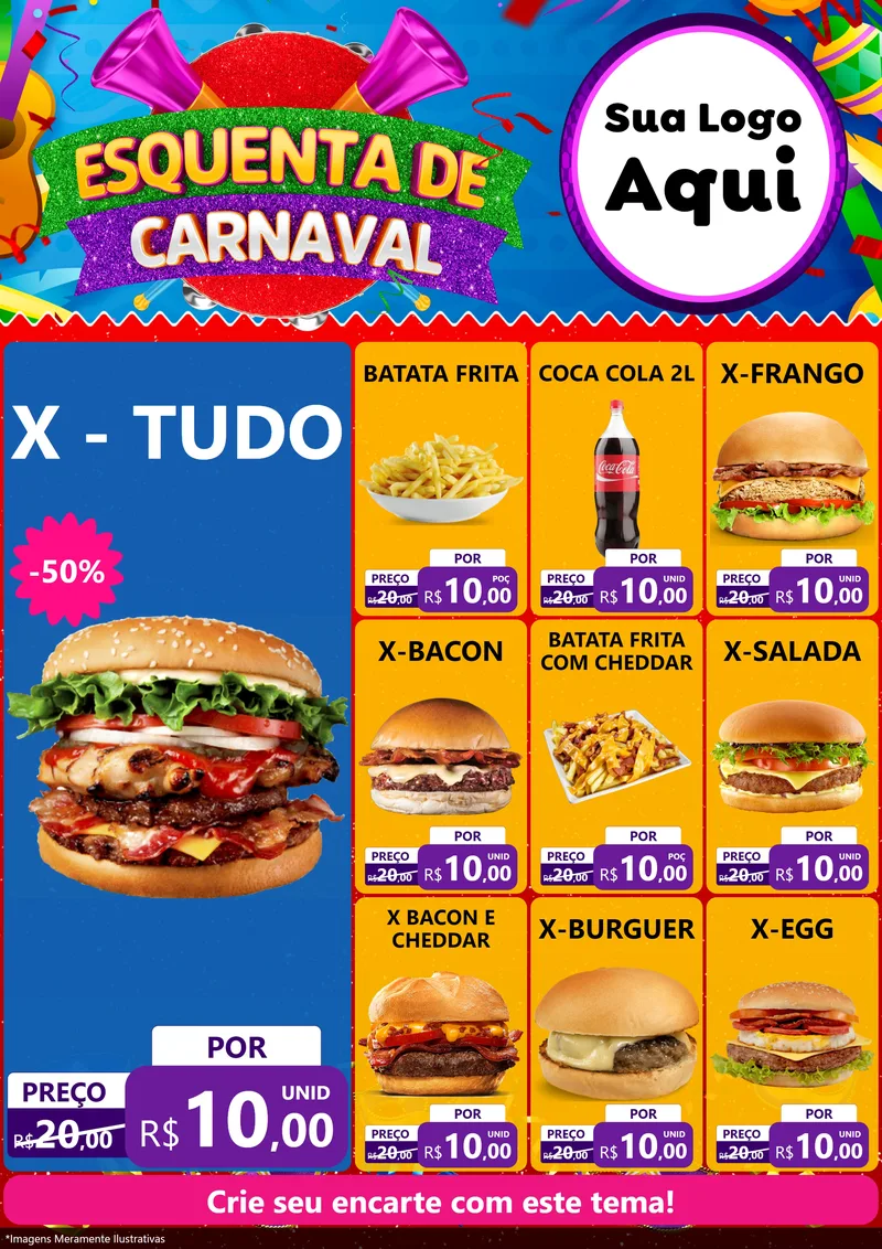 Modelo de Encarte para Encarte A4 Vertical com o tema Esquenta de Carnaval para Hamburgueria
