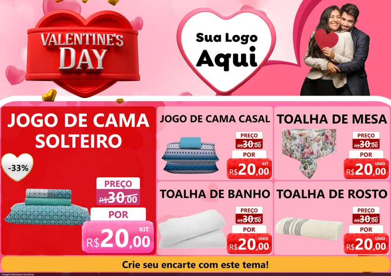 Modelo de Encarte para Encarte A4 Horizontal com o tema Valentine's Day para Cama, Mesa e Banho