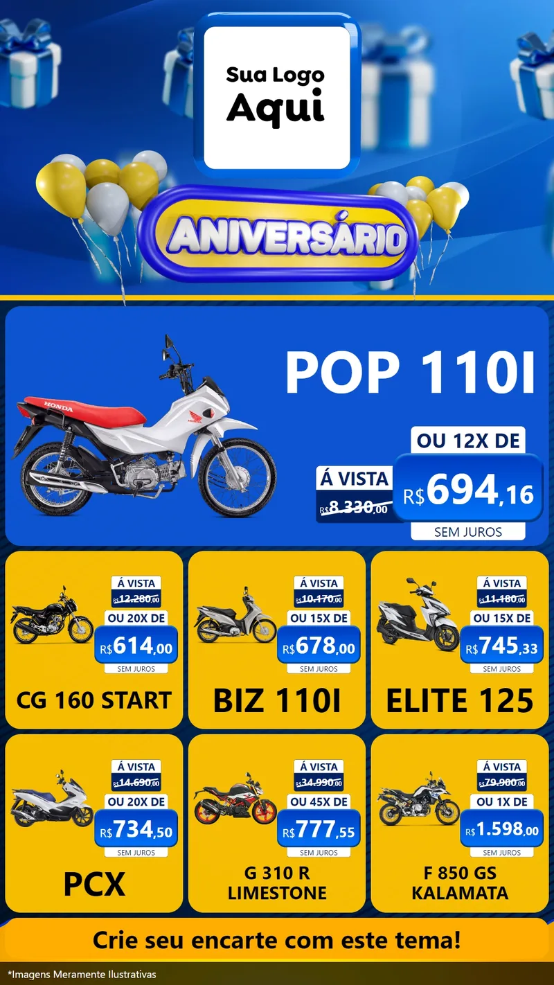 Modelo de Rede Social para Stories com o tema Aniversário para Concessionaria de Motos