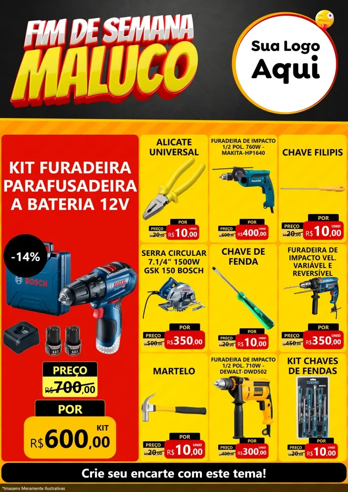 Modelo de Encarte para Encarte A4 Vertical com o tema Final de Semana Maluco para Maquinas e Ferramentas