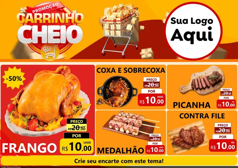 Modelo de Encarte para Encarte A4 Horizontal com o tema Promoção carrinho cheio para Assados