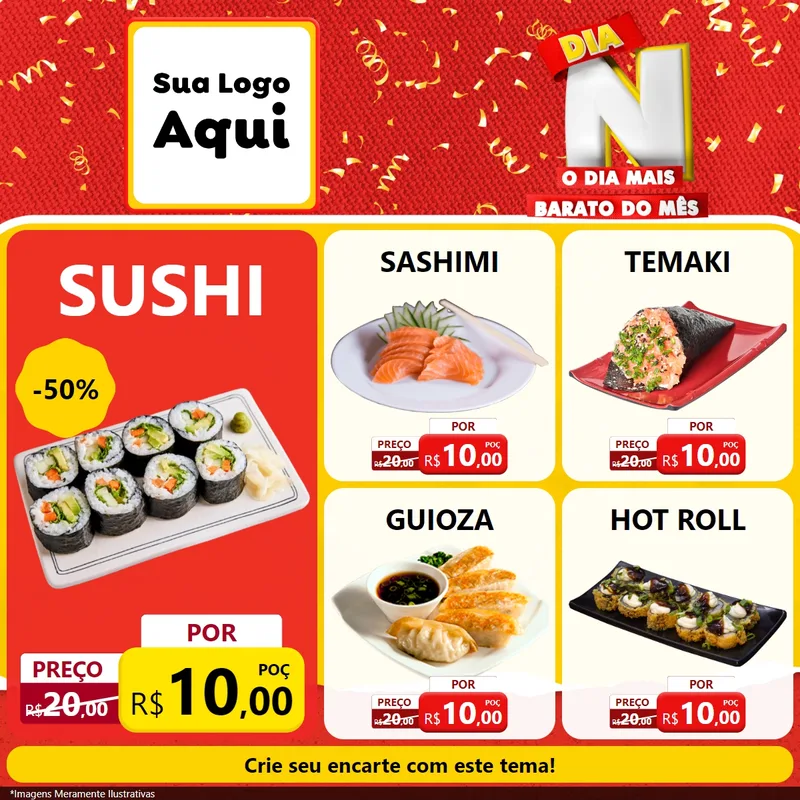 Modelo de Rede Social para Feed Facebook com o tema Dia N o Dia Mais Barato do Mês para Comida japonesa