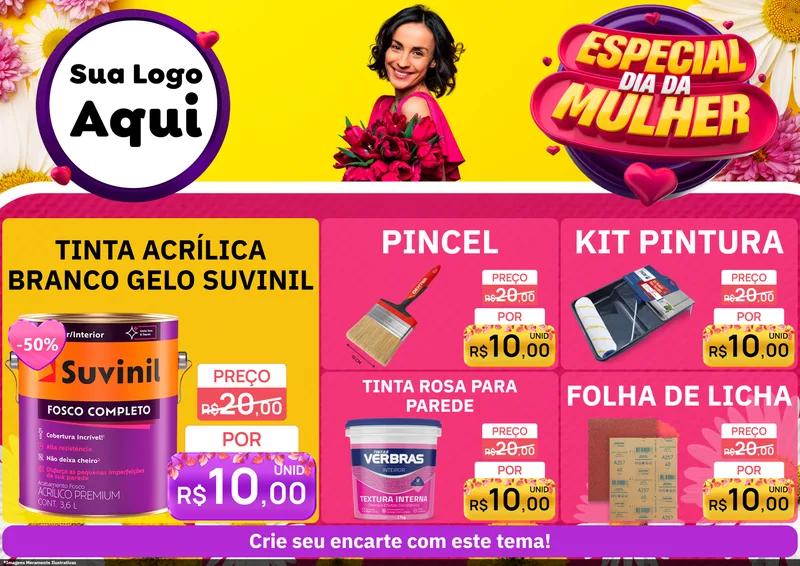 Modelo de Encarte para Encarte A4 Horizontal com o tema Especial Dia da Mulher para Tintas e Ferramentas