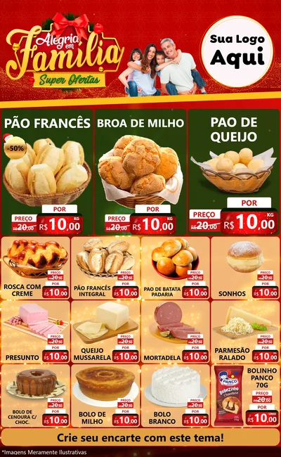 Modelo de Encarte para Encarte Grande com o tema Alegria em Família Super Ofertas - Natal para Padaria