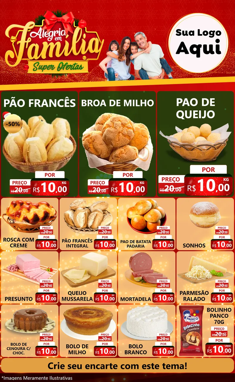 Modelo de Encarte para Encarte Grande com o tema Alegria em Família Super Ofertas - Natal para Padaria