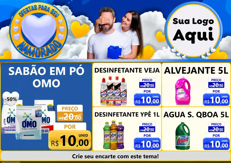 Modelo de Encarte para Encarte A4 Horizontal com o tema Ofertas Para Seu Namorado para Produtos de Limpeza