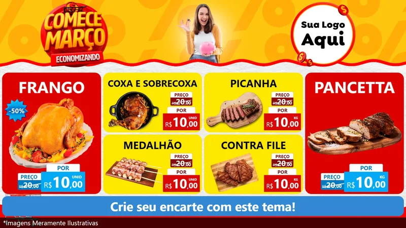 Modelo de TV para TV Horizontal com o tema Comece Março Economizando para Assados