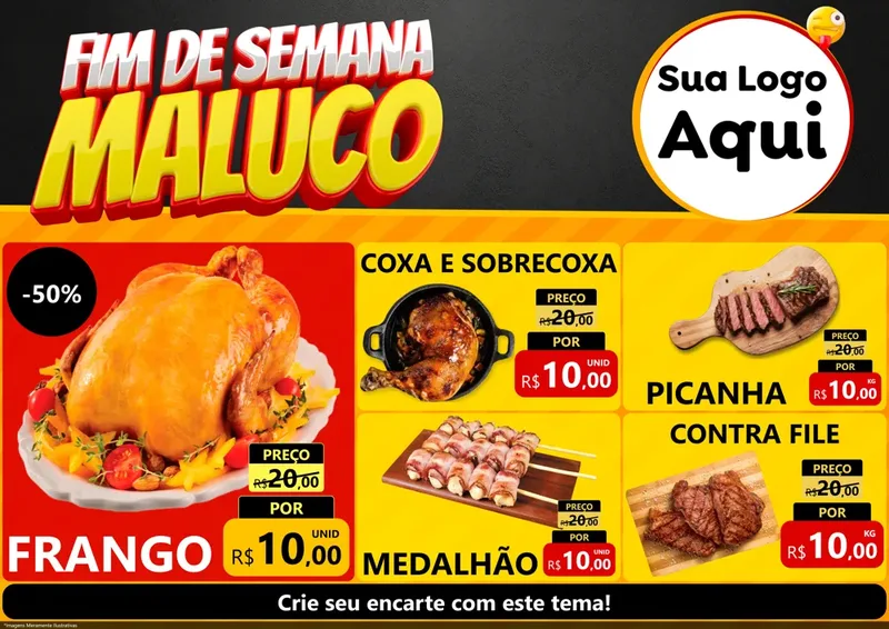 Modelo de Encarte para Encarte A4 Horizontal com o tema Final de Semana Maluco para Assados