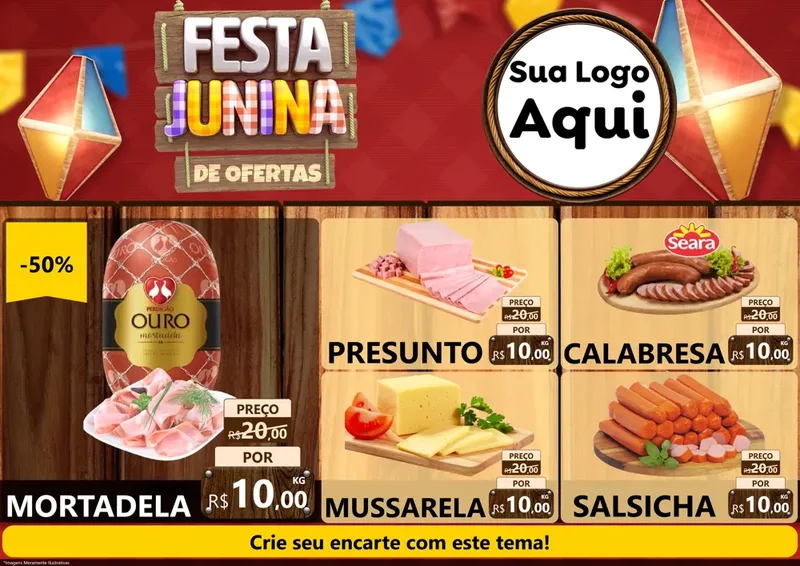 Modelo de Encarte para Encarte A4 Horizontal com o tema Festa Junina de Ofertas para Frios e Laticínios