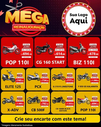 Modelo de Rede Social para Feed Instagram com o tema Mega Reinauguração para Concessionaria de Motos