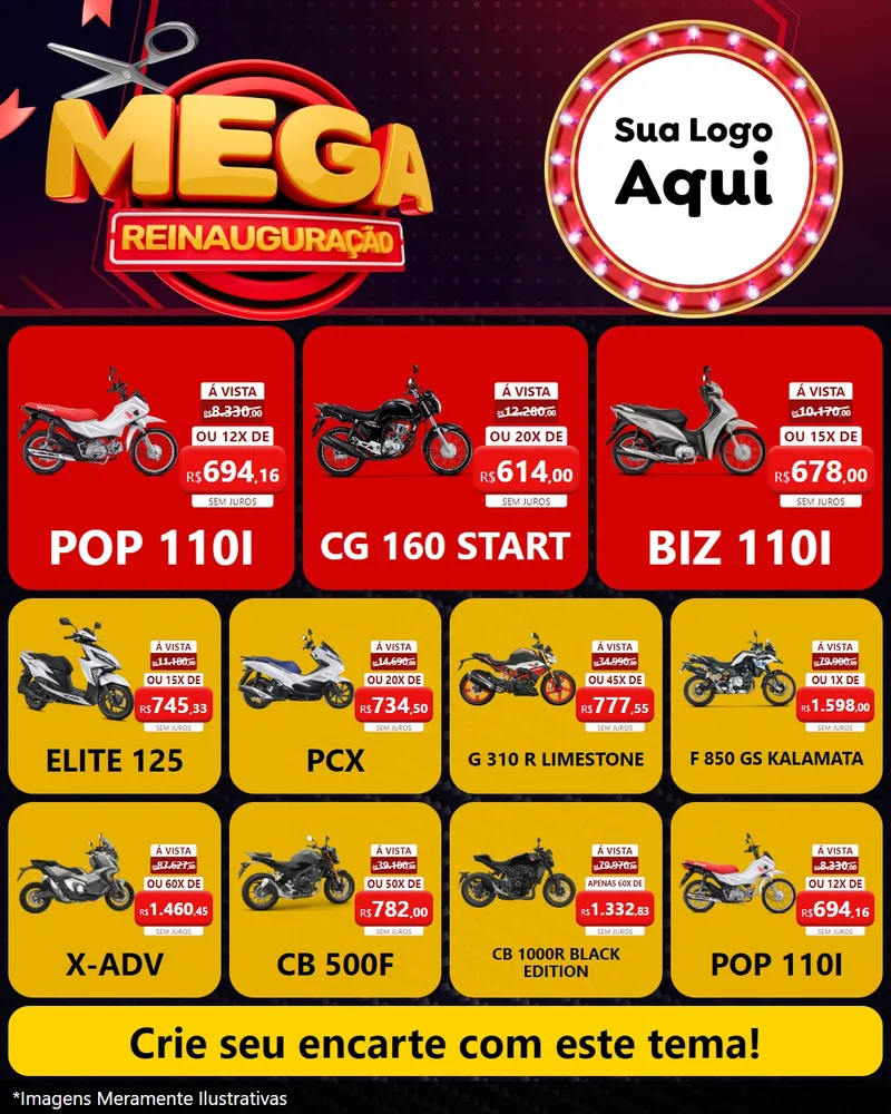 Modelo de Rede Social para Feed Instagram com o tema Mega Reinauguração para Concessionaria de Motos