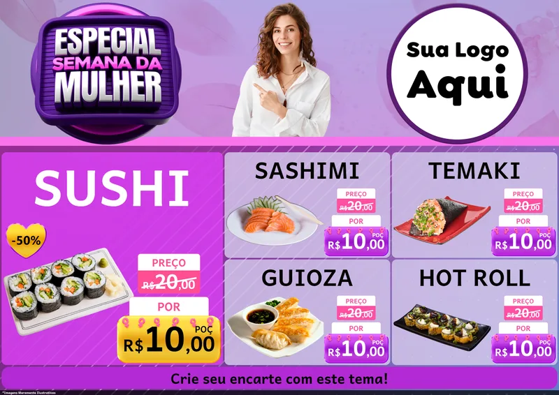 Modelo de Encarte para Encarte A4 Horizontal com o tema Especial Semana da Mulher para Comida japonesa