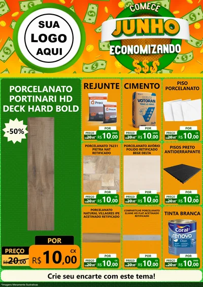 Modelo de Encarte para Encarte A4 Vertical com o tema Comece Junho Economizando para Pisos e revestimentos