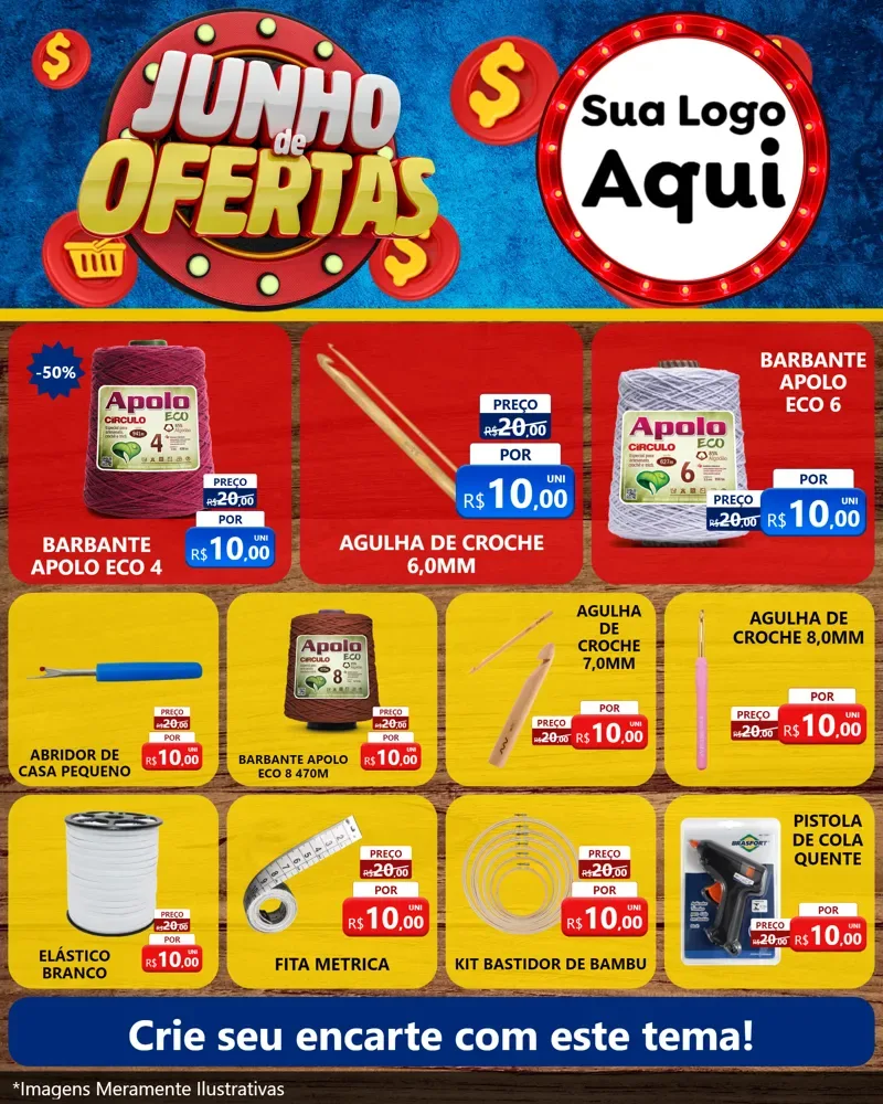 Modelo de Rede Social para Feed Instagram com o tema Junho de Ofertas para Armarinho e Aviamentos