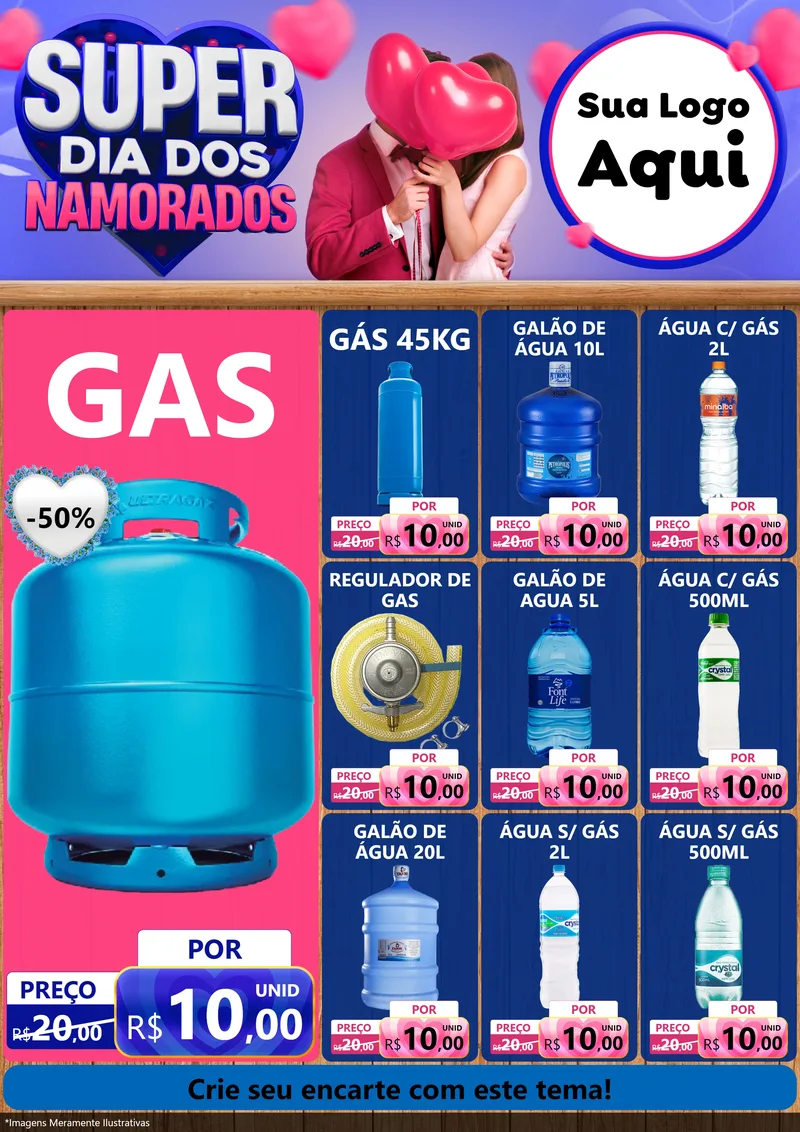 Modelo de Encarte para Encarte A4 Vertical com o tema Super Dia dos Namorados para Água e gás
