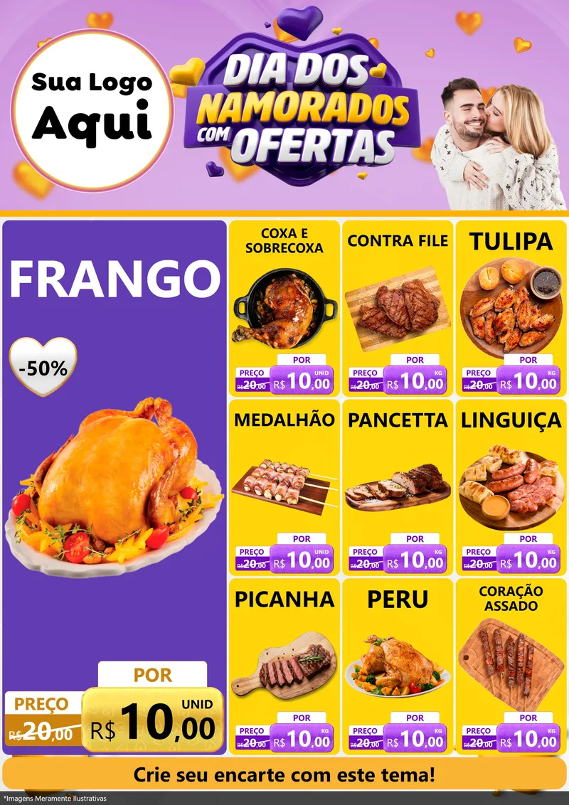 Modelo de Encarte para Encarte A4 Vertical com o tema Dia Dos Namorados Com Ofertas para Assados