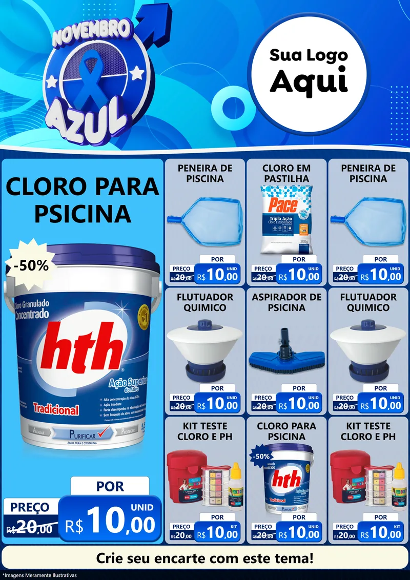 Modelo de Encarte para Encarte A4 Vertical com o tema Novembro Azul para Produtos para Piscina