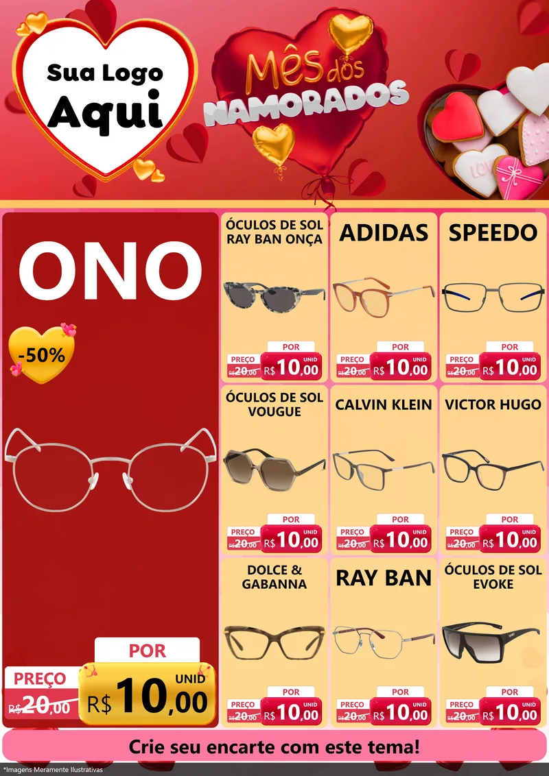 Modelo de Encarte para Encarte A4 Vertical com o tema Mês dos Namorados para Óticas